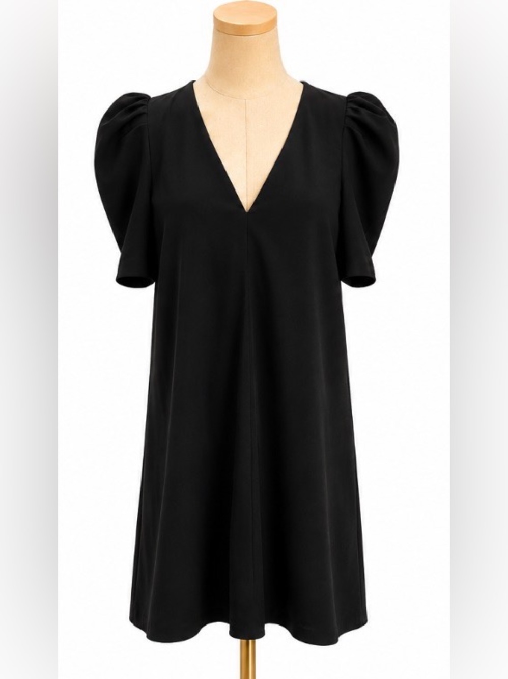 Zara Black Puff Sleeve Mini Dress Size M V Neck A-Line Shift Lined